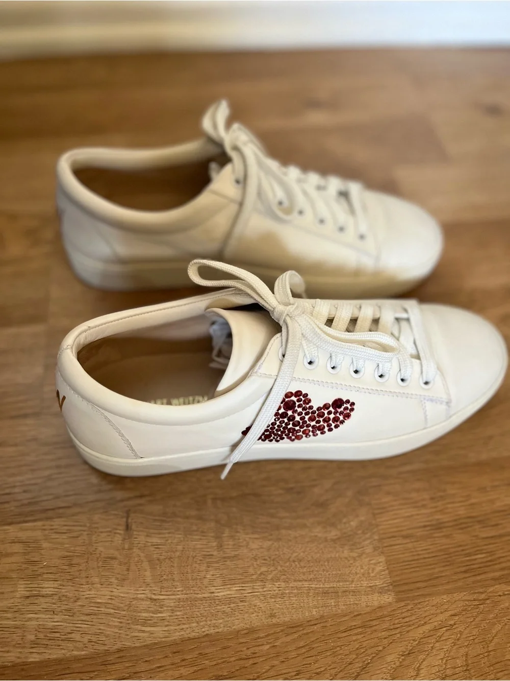 Stuart Weitzman White Leather Sneakers with Red and Pink Crystal Heart Accents